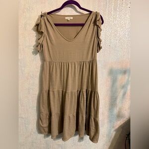 Max Studio Tiered Midi Swing Dress With Fun Flutter Cap Sleeves in Taupe Sz Lg